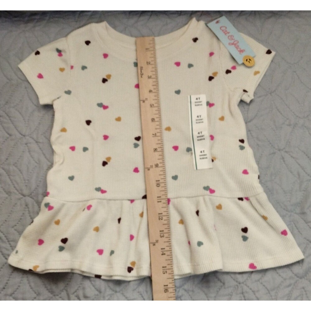 NWT, Cat & Jack Girls 4T Drop-Waist Shirt, Cream With Mini Colored Hearts - Picture 8 of 9